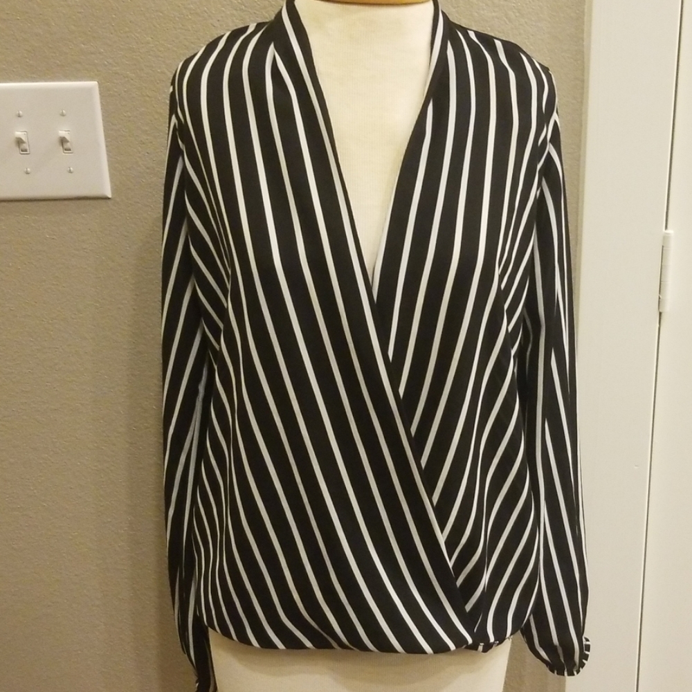 Black and White Deep V Neck Blouse